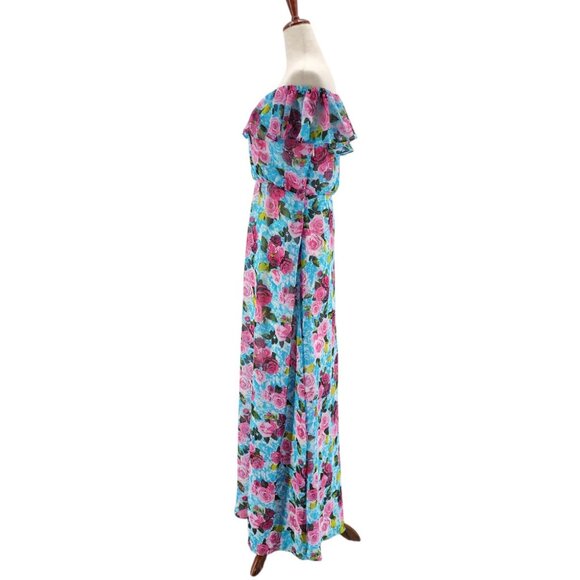 Betsey Johnson Womens 4 Dress Malibu Blue Floral Off The Shoulder Maxi Roses - Picture 3 of 9